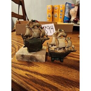 Vintage Set Of 2 Bronze Causeway Galveston Pirate Ship Paper Weights Marble Base
